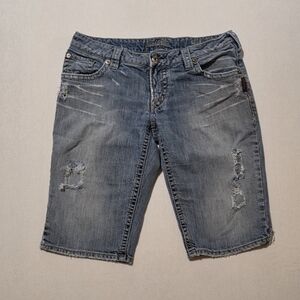 Silver Hillary Bermuda Denim Jean Shorts Fashion Distressing And Holes Low Rise